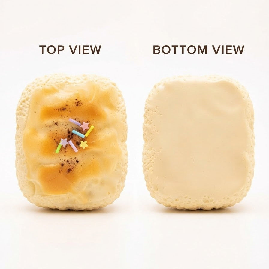 A square cream-colored item shown from two angles on a white background, labeled 'TOP VIEW' and 'BOTTOM VIEW'. The top view reveals a golden-brown center with a few small multicolored star sprinkles, while the bottom view shows a smooth, solid cream-colored surface.