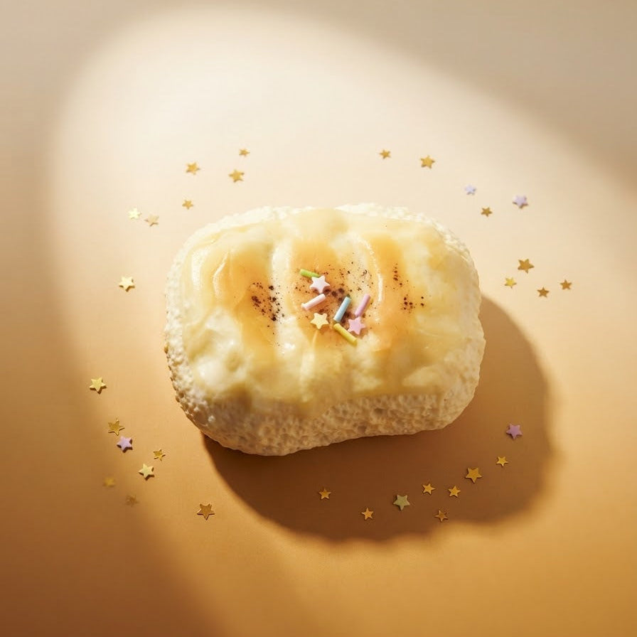 A single frosted pastry or bread piece with a glossy cream-colored topping and small multicolor sprinkles, photographed on a warm beige surface with scattered gold star confetti and a soft shadow.