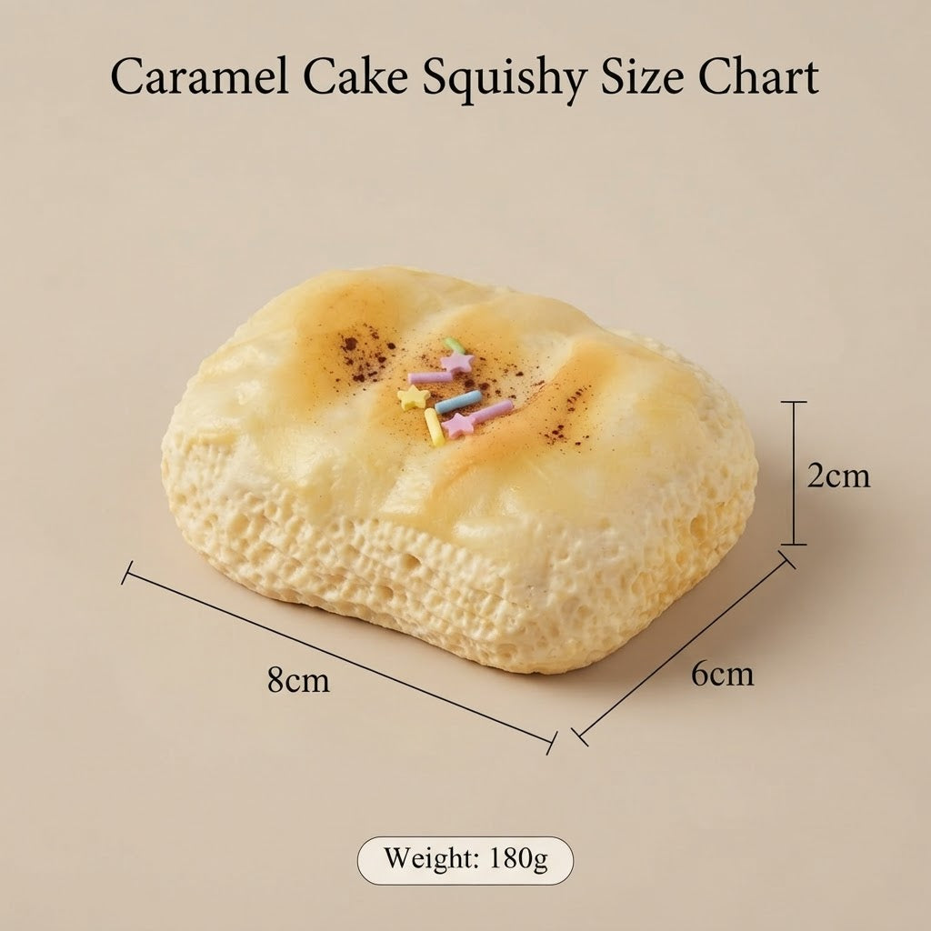 A caramel cake-shaped squishy toy with dimension labels showing 8cm by 6cm by 2cm measurements and a weight note of 180g, on a beige background.