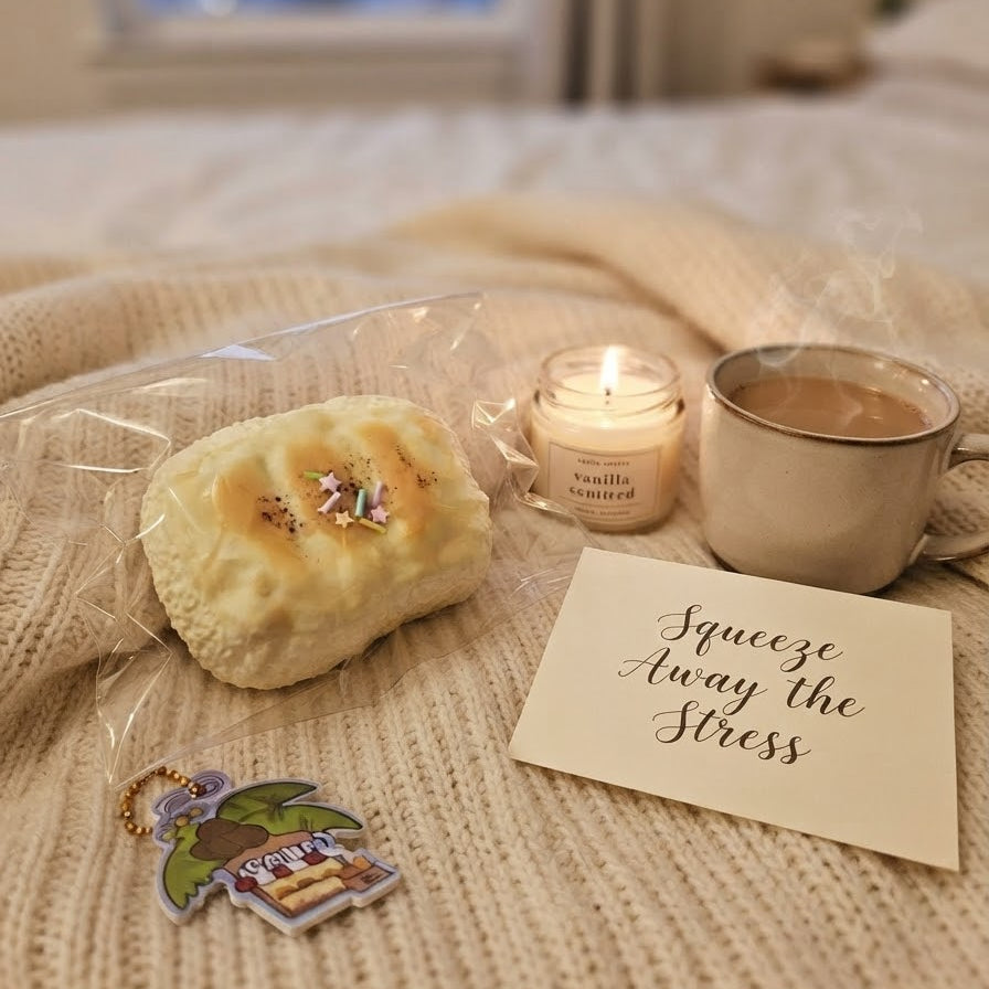 A cozy bedroom scene with a packaged baked good, a small candle, a mug of coffee, and a card that reads 'Squeeze Away the Stress' on a beige knit blanket in front of a window.