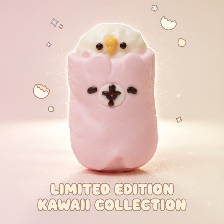 A cute pink marshmallow-style character toy with a white fluffy top, small yellow beak, and dark facial features, centered on a soft pink background with decorative doodles and the text 'LIMITED EDITION KAWAII COLLECTION' at the bottom.