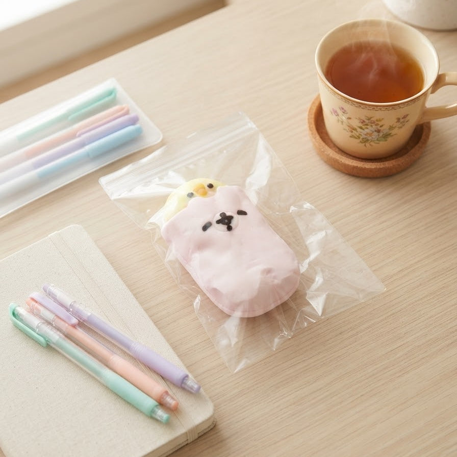 A pink plush mouse-shaped eraser or small accessory with a black face detail, sealed in a clear plastic bag, placed on a light wood desk beside pastel pens, a notebook, and a cup of tea.