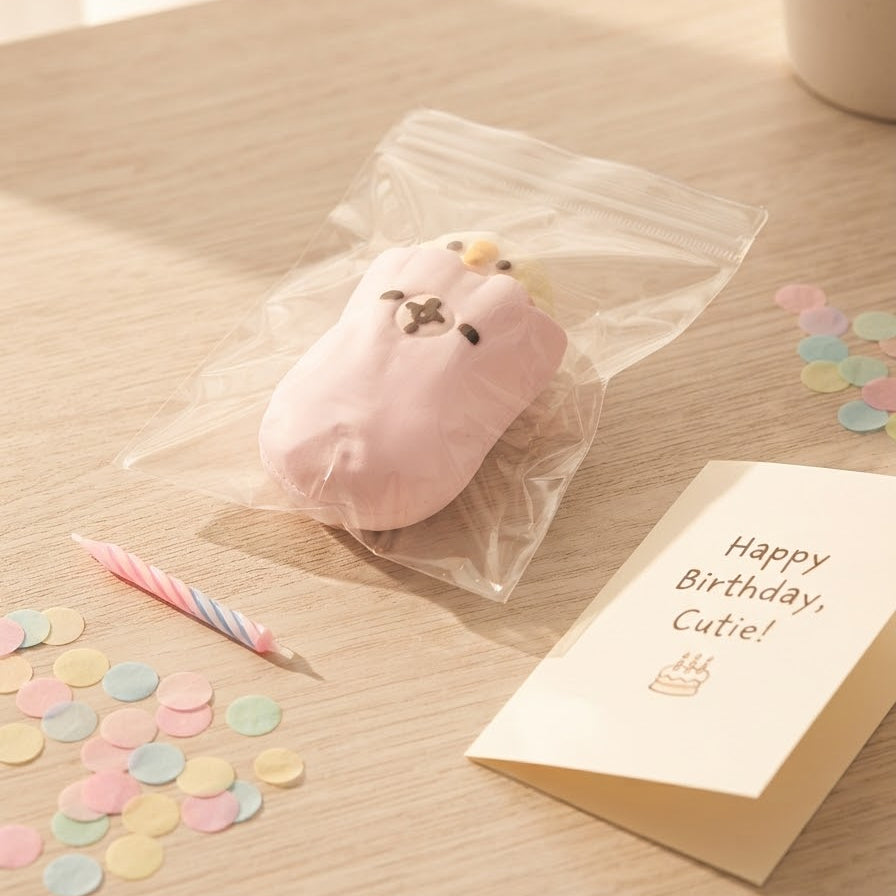 A pink plush toy with a cute face, sealed in a clear plastic bag, displayed on a light wooden table next to a 'Happy Birthday, Cute!' card, a striped candle, and pastel confetti.
