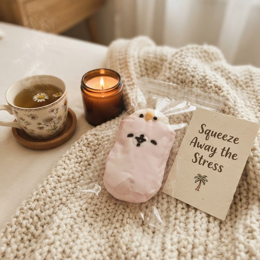 A pink plush stress-relief toy shaped like a small bird, packaged in a clear bag next to a printed card that reads 'Squeeze Away the Stress,' arranged on a cream knit blanket with a cup of tea, a candle, and a wooden side table in the background.