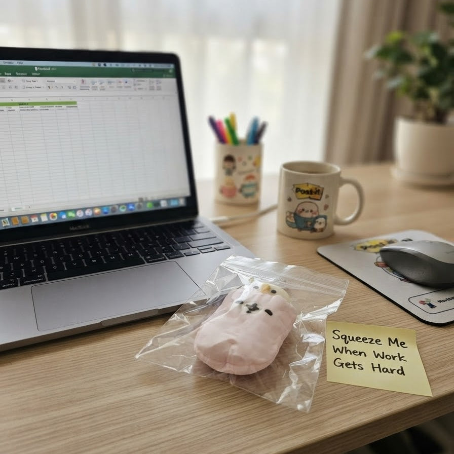 A pink plush stress toy with a cartoon face, sealed in a clear plastic bag, resting on a wooden desk next to a laptop, a mug, and a sticky note that reads 'Squeeze Me When Work Gets Hard'.