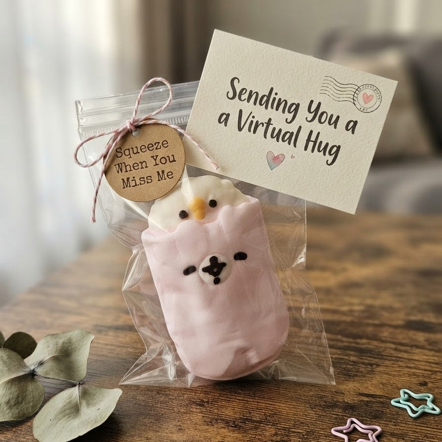 A packaged plush toy shaped like a sleeping character in a pink blanket, tied with a string and a small card that reads 'Sending You a Virtual Hug.' The item is photographed on a wooden table with soft indoor background blur.