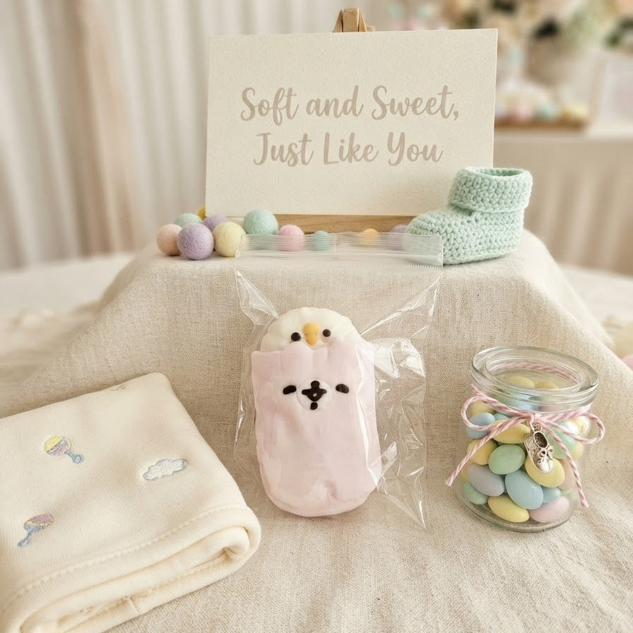 A baby shower favor package displayed on a beige fabric-covered table. The package includes a folded cream knit blanket with pastel embroidered clouds, a pink plush toy shaped like a bird, a small clear jar filled with pastel candy, and a green knit bootie, arranged around a sign that reads 'Soft and Sweet, Just Like You'.