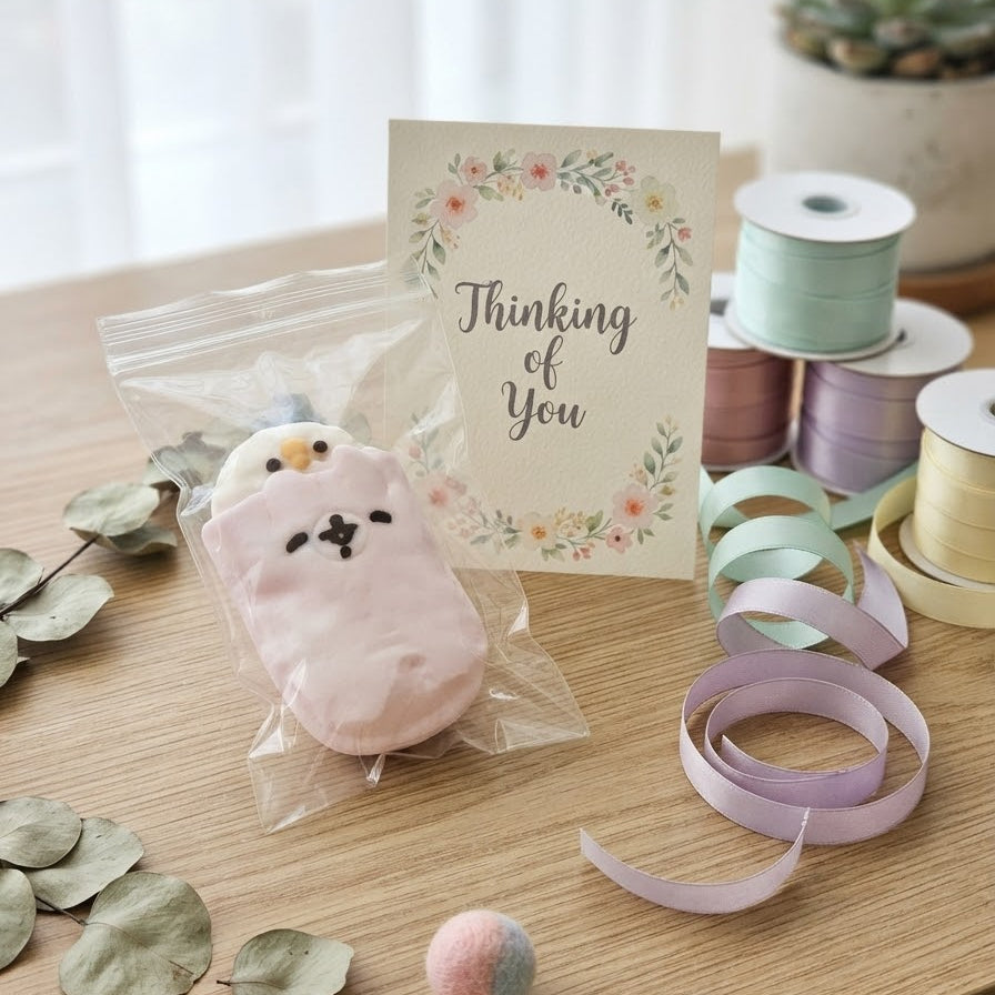 A small pink plush bird toy in a clear plastic bag with a floral 'Thinking of You' card, arranged on a wooden table with ribbon spools, ribbons, eucalyptus leaves, and a succulent in the background.
