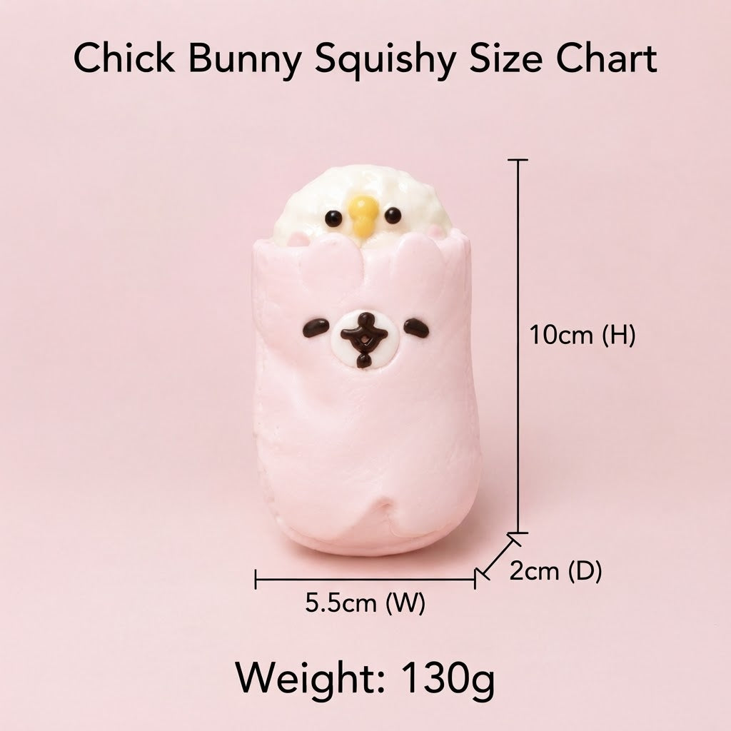 A pink bunny-shaped squishy toy with a white bunny head and small yellow beak details, shown on a light pink background with measurement labels reading 10cm (H), 5.5cm (W), 2cm (D), and weight 130g.