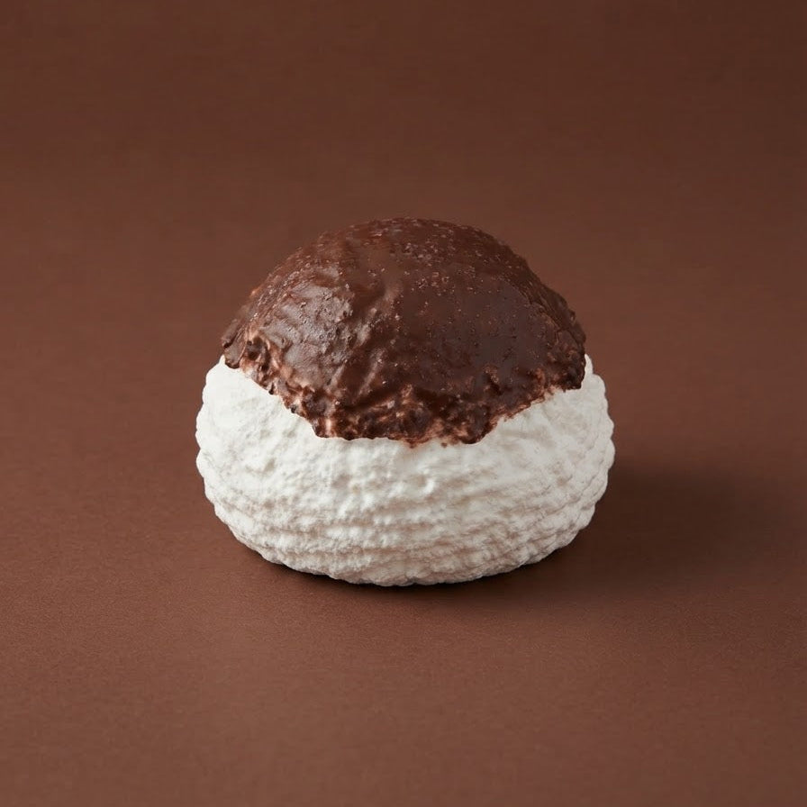 A single chocolate-covered pastry or dessert with a white textured base, photographed on a smooth brown studio background.