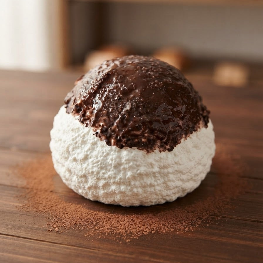 A close-up of a dessert or pastry topped with glossy dark chocolate and a textured white base, placed on a wooden surface with cocoa powder scattered around it. The background is softly blurred, showing shelves with baked goods.