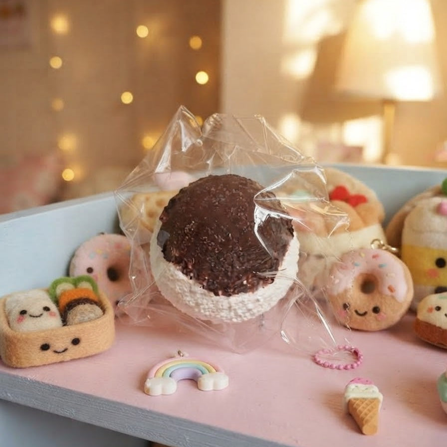 A cute, small plush donut toy wrapped in clear plastic, displayed on a pink shelf alongside other pastel-colored plush toys and accessories.