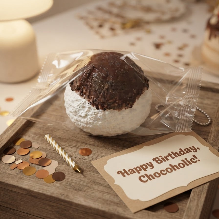 A packaged chocolate cake topper or cake decoration sits on a wooden tray with a candle, confetti, and a card that reads 'Happy Birthday, Chocoholic!' in a warm birthday setting.