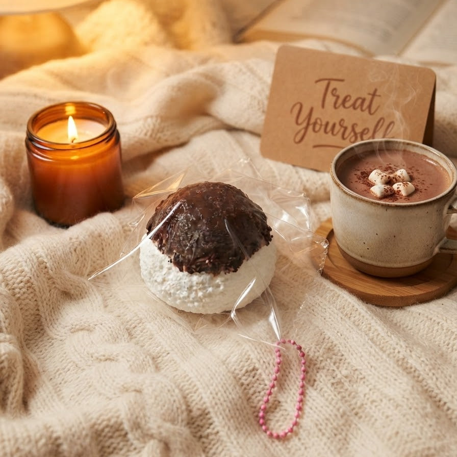 A cozy lifestyle scene featuring a chocolate-dipped marshmallow treat on a blanket next to a mug of hot chocolate and a candle, with a card that says 'Treat Yourself'.