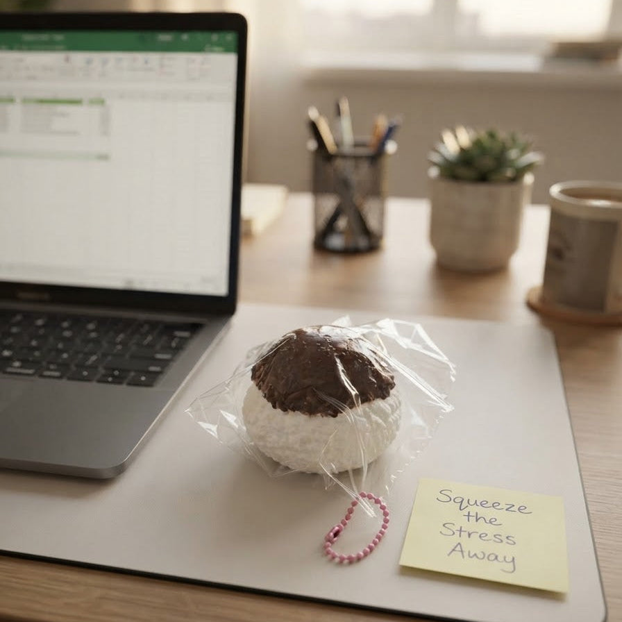 A small novelty stress toy shaped like a chocolate-covered strawberry in clear plastic packaging sits on a desk next to a laptop, a sticky note that reads 'Squeeze the Stress Away,' and office decor in a bright home office setting.