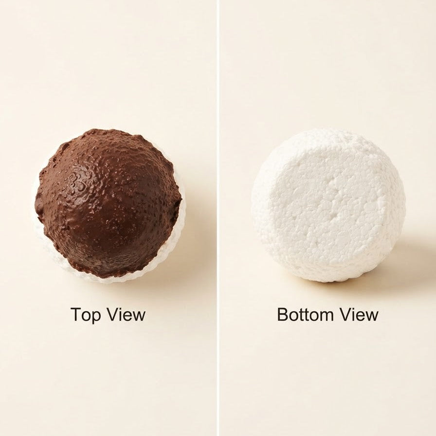 A split-view product photo showing a round bath bomb or soap-like item from two angles on a warm off-white background. The left side shows the top view as a dark brown sphere rising from a white base, labeled 'Top View.