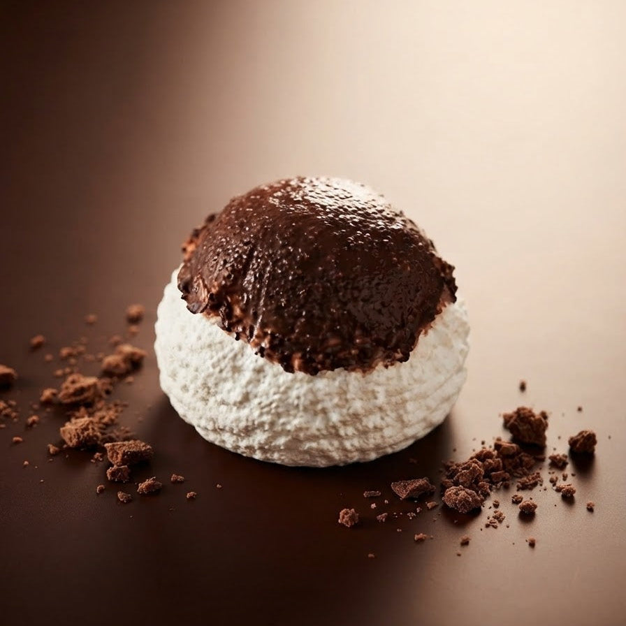 A chocolate dessert or pastry with a dark chocolate top and a white whipped or creamy base, styled on a dark brown surface with scattered chocolate crumbs.