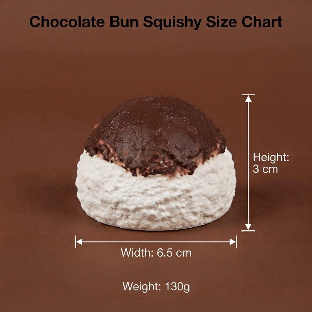 Chocolate Bun Squishy Size Chart on a brown background, showing a round chocolate bun with white frosting and dimension lines indicating height of 3 cm, width of 6.5 cm, and weight of 130g.