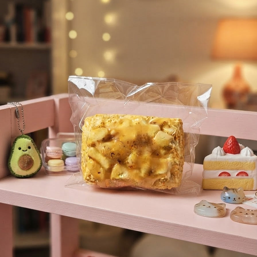 A rectangular yellow sponge toy shaped like a cake or pastry, sealed in a clear plastic bag, displayed on a pink shelf with small decorative food-themed props in a softly lit indoor setting.
