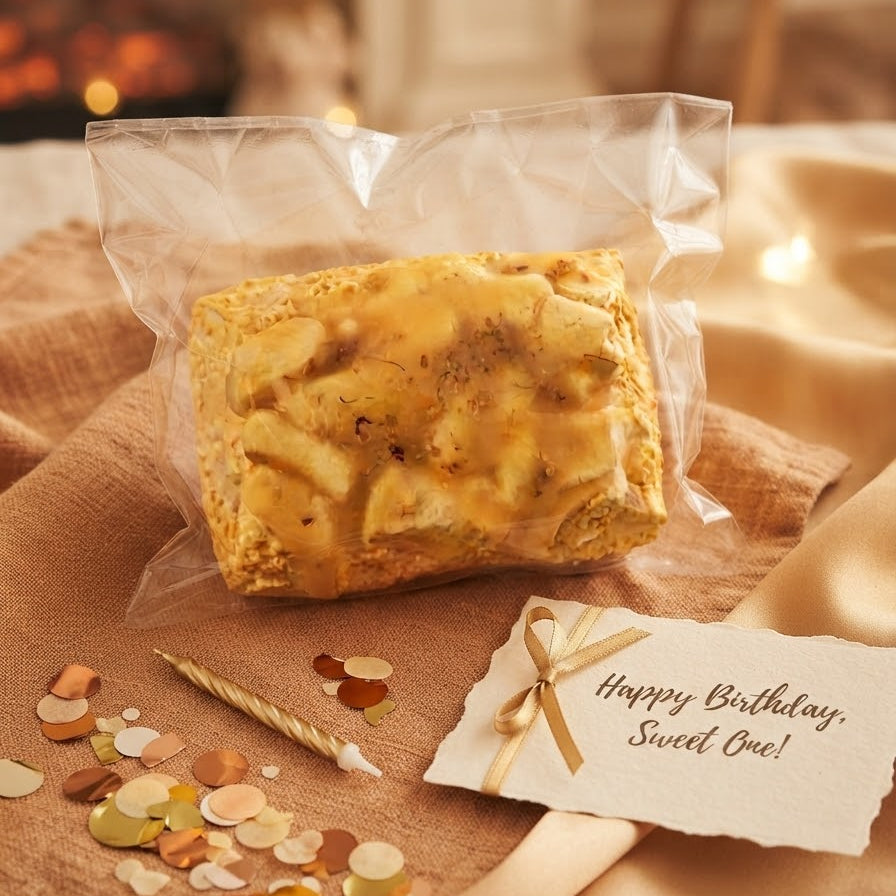 A packaged baked good, likely a pastry or bread, sits on a beige fabric surface with scattered confetti, a candle, and a handwritten card that reads 'Happy Birthday, Sweet One!'. The scene is styled warmly with soft lighting and a blurred indoor background.