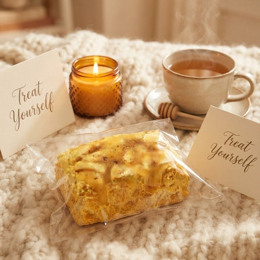 A packaged golden-brown pastry sits on a chunky cream knit blanket beside a lit amber candle, a cup of tea, and two cards that read 'Treat Yourself'.