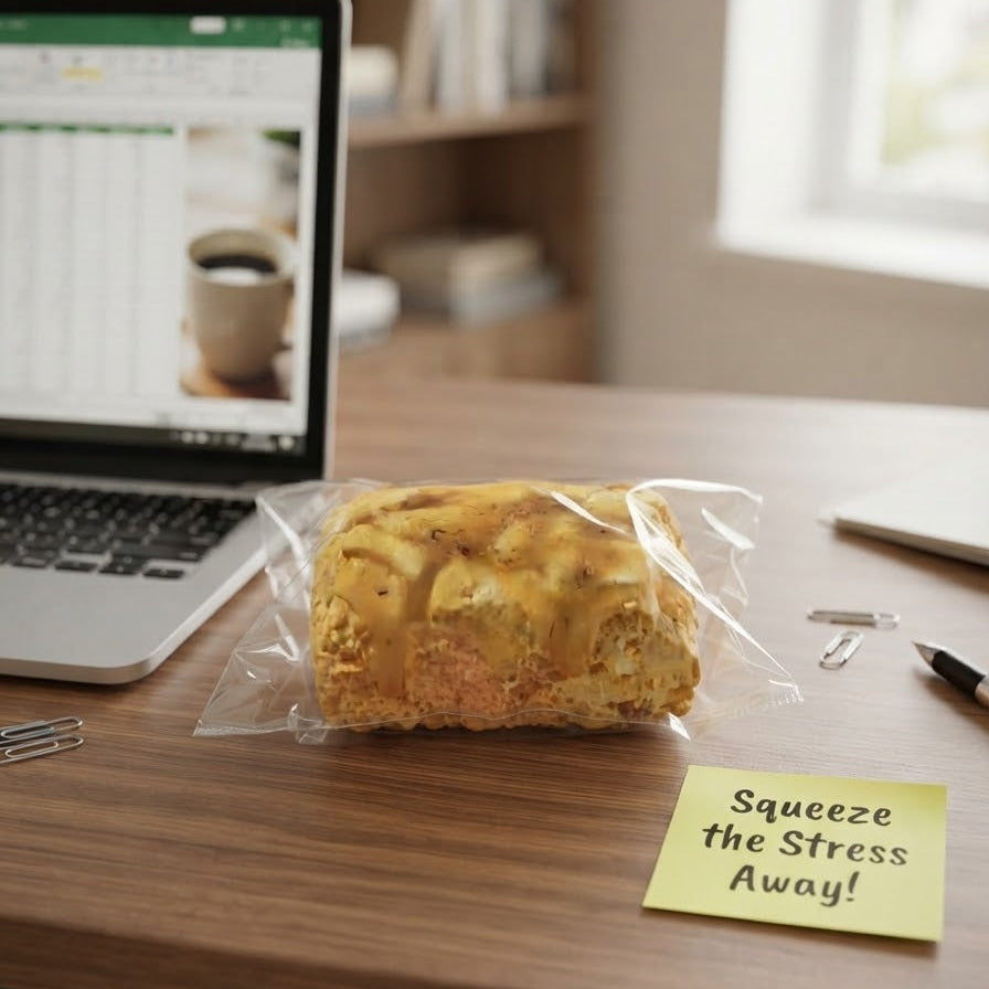 A novelty squishy bread toy sealed in a clear plastic bag sits on a wooden desk next to a laptop, a yellow sticky note that reads 'Squeeze the Stress Away!', and office accessories.