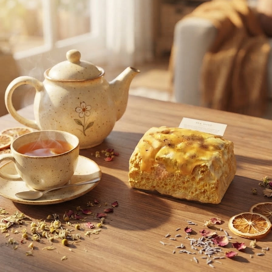 A warm, cozy tea-time scene on a wooden table with a speckled cream teapot, a cup of tea, dried flowers, and a golden-brown baked loaf or cake in the foreground. The background is a softly blurred living room with warm sunlight streaming through a window.