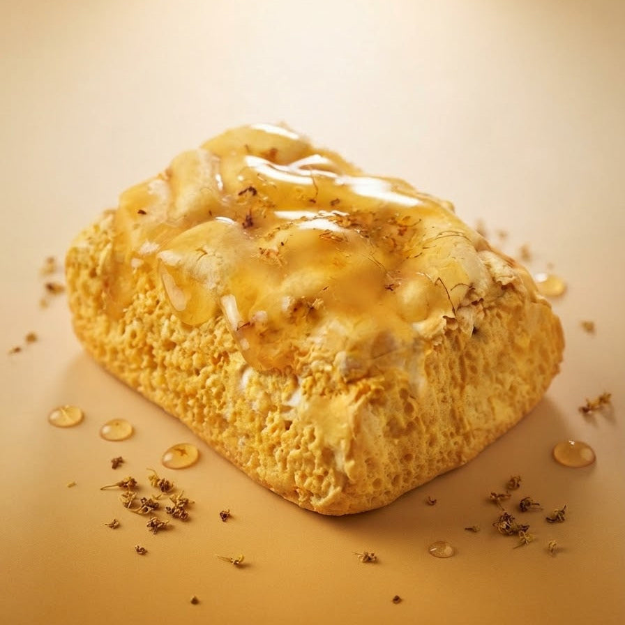 A golden-brown textured pastry or bread loaf topped with glossy amber glaze and scattered dried flower buds, photographed on a warm beige background with a soft spotlight.