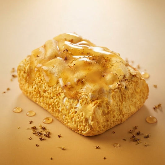 A golden-brown textured pastry or bread loaf topped with glossy amber glaze and scattered dried flower buds, photographed on a warm beige background with a soft spotlight.