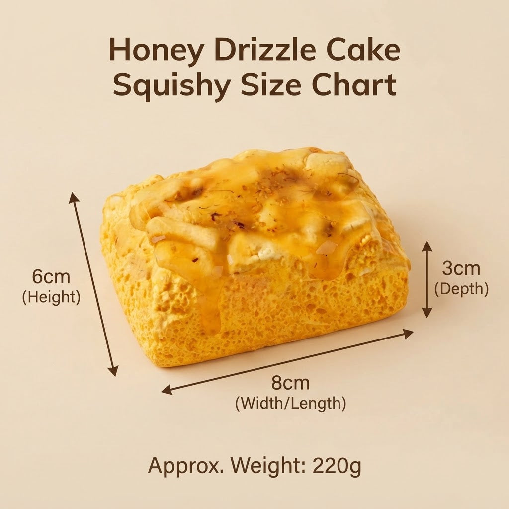 A honey drizzle cake squishy with dimension arrows and text showing its size chart: 6cm height, 8cm width/length, 3cm depth, and approximate weight of 220g, on a beige background.
