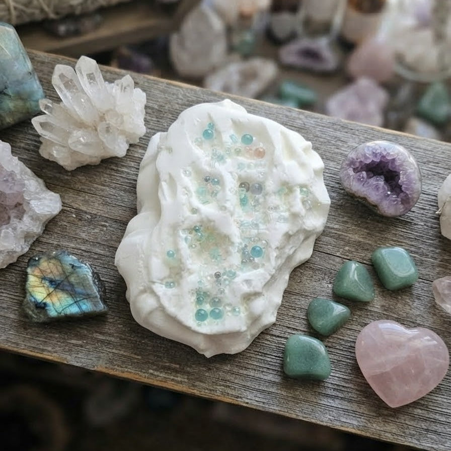 A white raw stone resin plaque with embedded blue and green crystals, displayed on a rustic wooden shelf alongside various other crystals and stones.