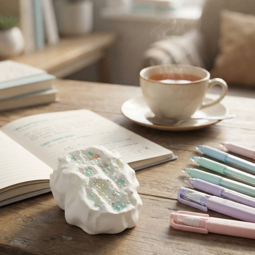 A white cloud-shaped decorative object filled with iridescent glitter sits on a rustic wooden desk next to an open notebook, a cup of tea, and pastel-colored pens.