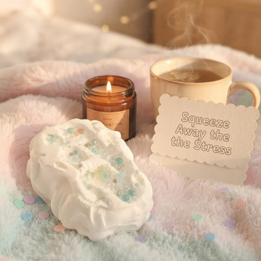 A cozy styled scene on a soft pastel blanket with a white textured stress ball, a lit amber candle, a mug of tea with steam, and a card that reads 'Squeeze Away the Stress'.