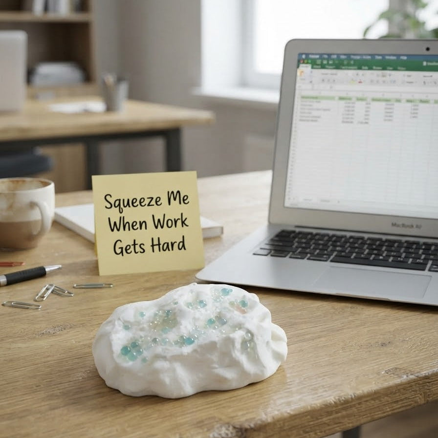 A white cloud-shaped desk accessory with embedded blue glitter sits on a wooden desk next to a laptop, a sticky note that reads 'Squeeze Me When Work Gets Hard', and office supplies in a bright home office setting.