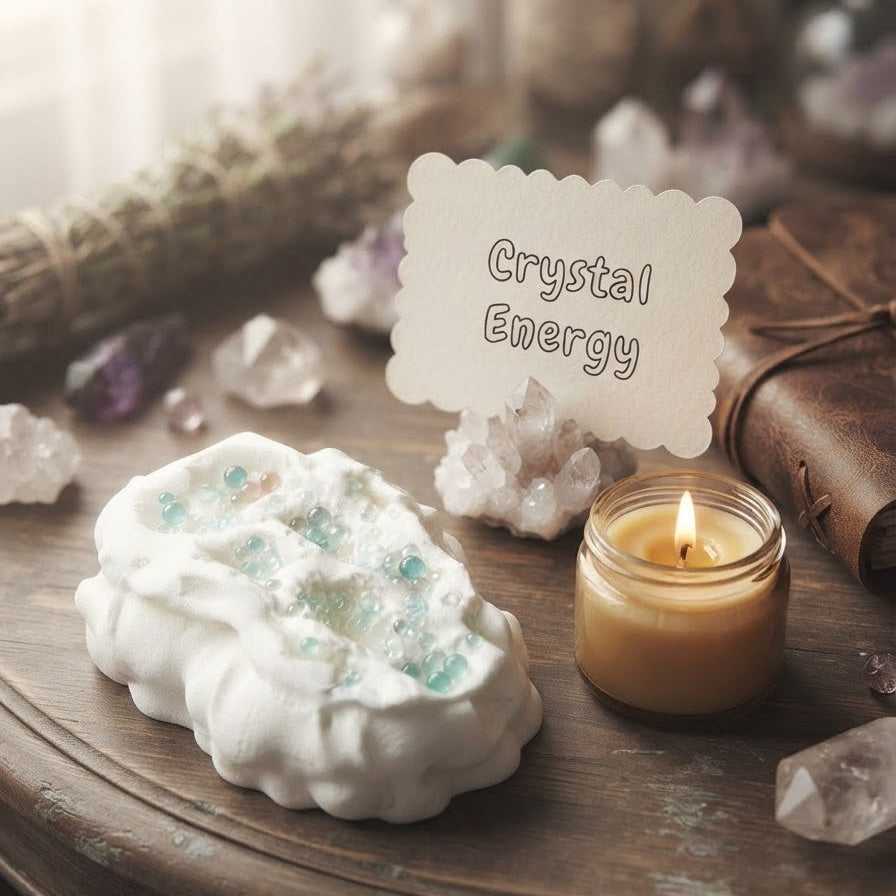 A styled tabletop scene with a white cloud-shaped crystal candle holder containing pale blue and green crystals, next to a lit candle in a glass jar and a small sign reading 'Crystal Energy,' with crystals and dried herbs in the background.