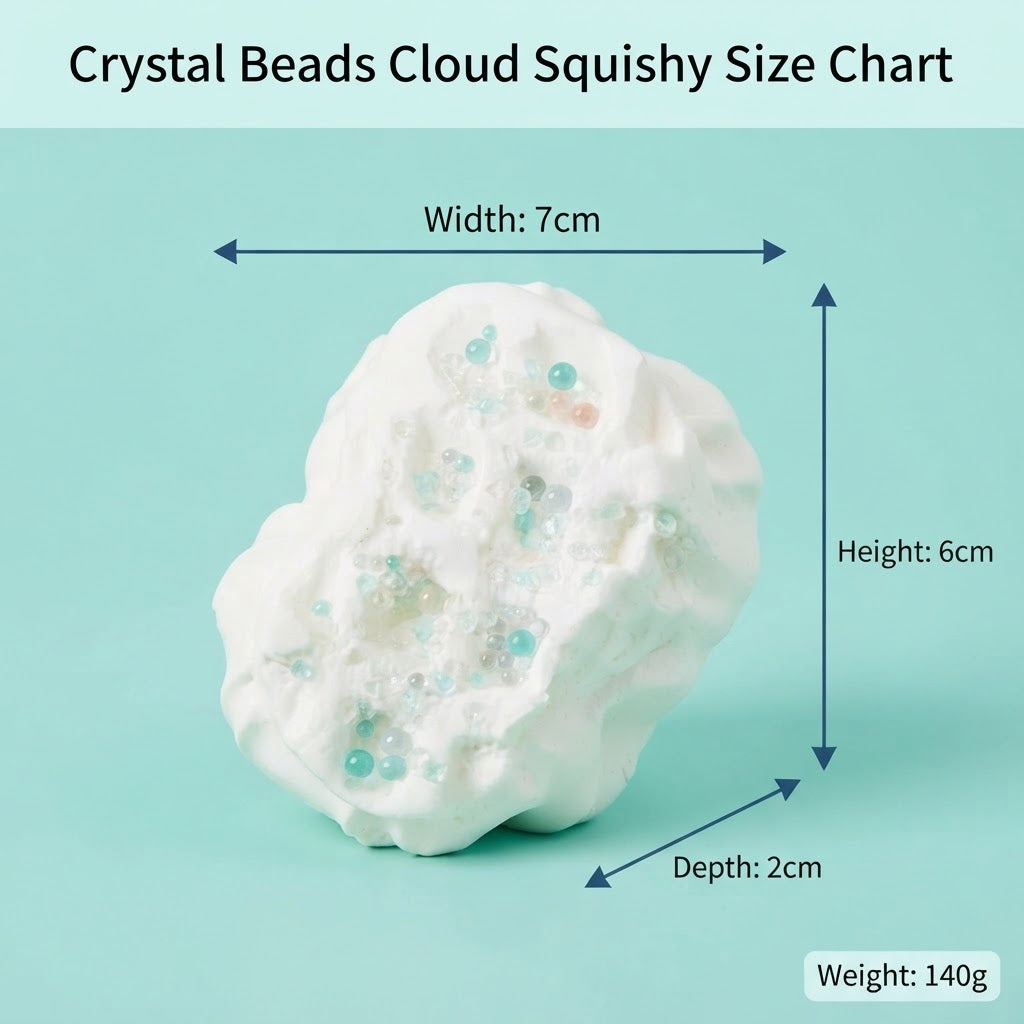 A white cloud-shaped crystal bead squishy toy with translucent blue and green beads, shown with dimension arrows indicating a width of 7cm, height of 6cm, and depth of 2cm, on a light aqua background. Text at the top reads 'Crystal Beads Cloud Squishy Size Chart' and a weight label at the bottom right reads 'Weight: 140g'.