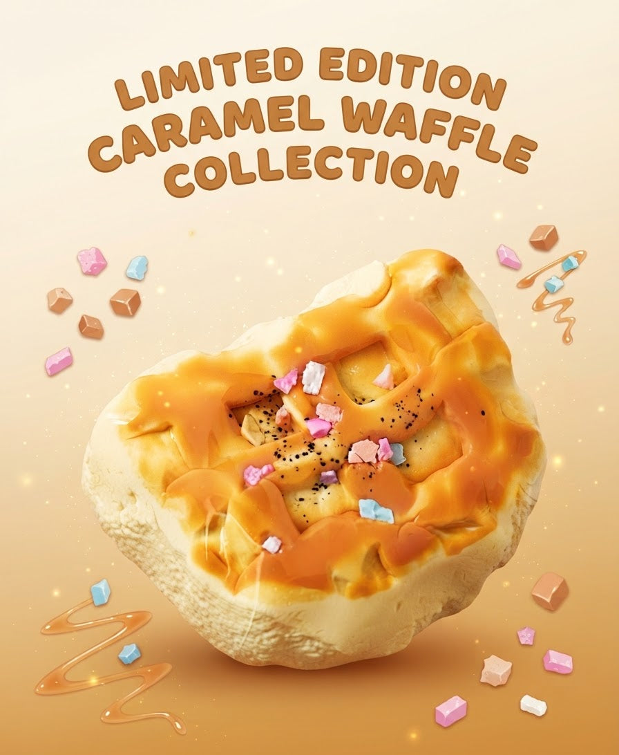 A single caramel-waffle-style pastry centered on a warm beige background with the text 'LIMITED EDITION CARAMEL WAFFLE COLLECTION' above it. The pastry has a golden-brown baked top, pale cream edges, and small pink, blue, and brown candy-like sprinkles scattered around it.