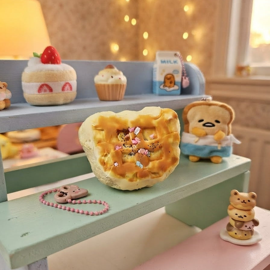 A miniature toy kitchen scene featuring a small bread character wearing a blue apron and holding a cup of coffee, alongside other cute plush and doll accessories on pastel-colored shelves.