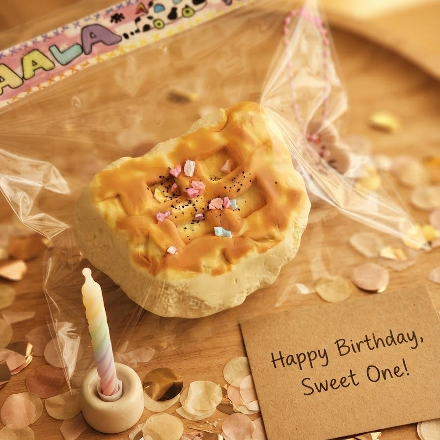 A heart-shaped baked good or pastry wrapped in clear plastic packaging, placed on a wooden surface with confetti, a small birthday candle, and a card that reads 'Happy Birthday, Sweet One!'.