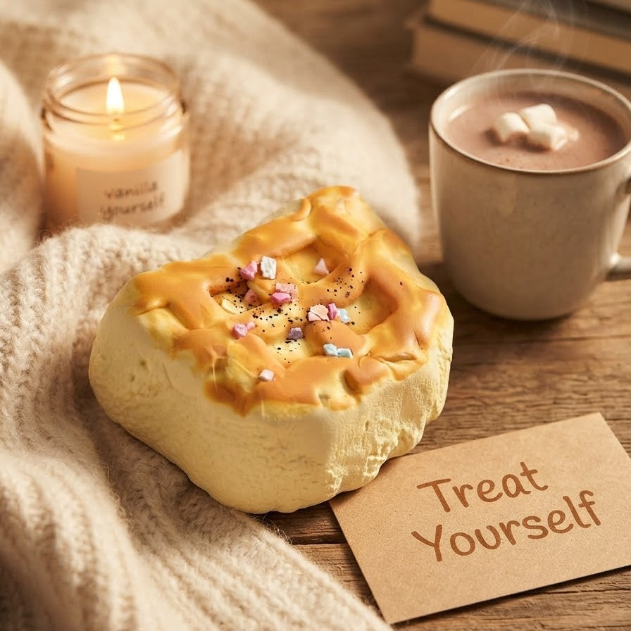 A warm cozy scene featuring a novelty cake-shaped squishy toy with caramel drizzle and sprinkles, styled on a wooden table with a knitted cream blanket, a lit candle labeled 'Vanilla Yourself', a mug of hot chocolate with marshmallows, and a card that says 'Treat Yourself'.