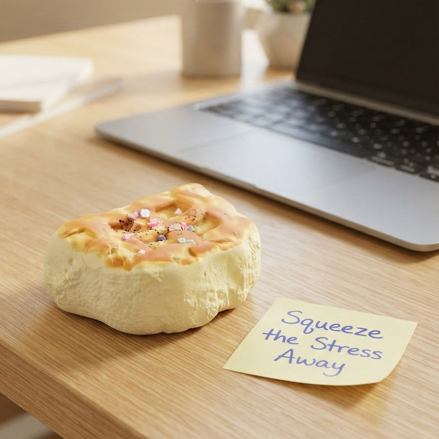 A novelty stress toy shaped like a small baked pastry sits on a wooden desk next to a yellow sticky note that reads 'Squeeze the Stress Away.' A blurred laptop, mug, and small plant are visible in the background.