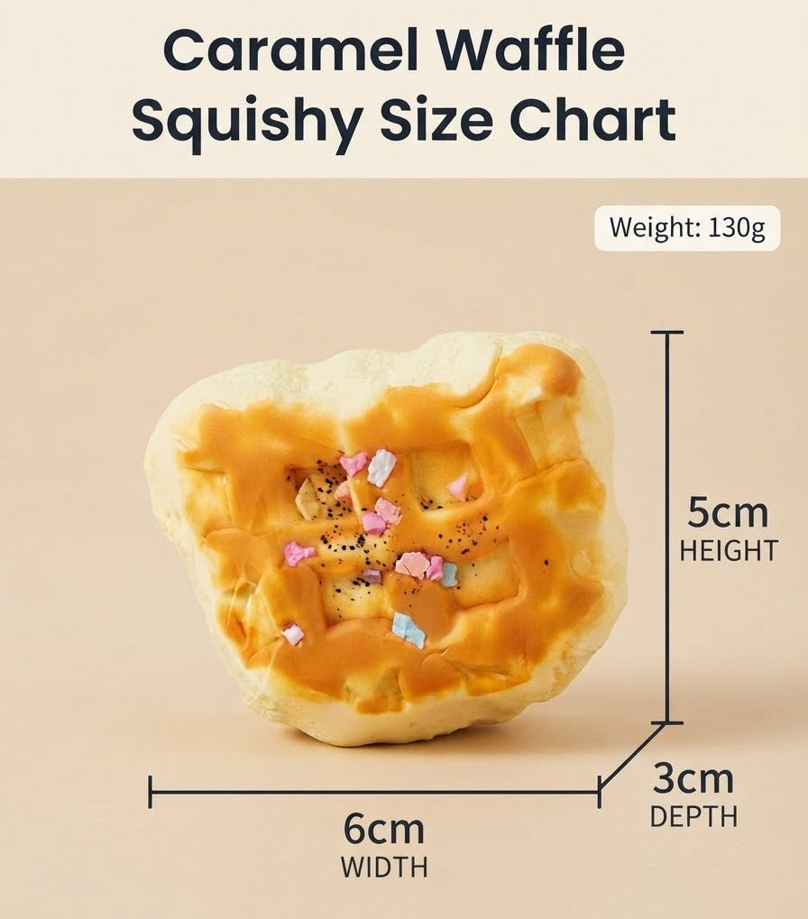 A product infographic showing a caramel waffle-shaped squishy toy with dimension lines and text indicating its size: 6cm width, 5cm height, 3cm depth, and weight 130g, on a beige background.