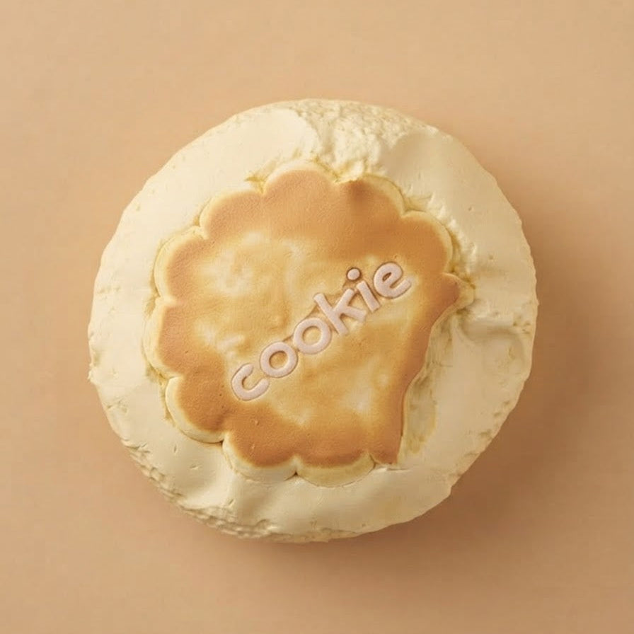 A round meringue-based dessert or cookie with a golden-brown center and the word 'cookie' printed on top, photographed from above on a plain beige background.