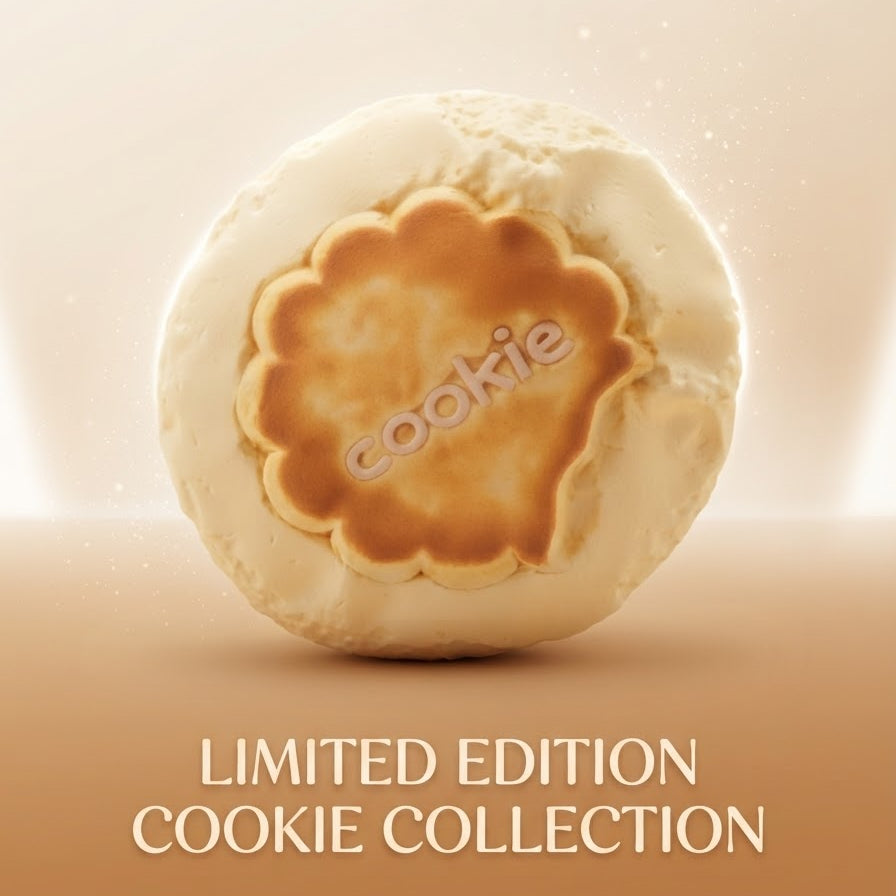 A single round decorative cookie with a scalloped golden-brown center and a pale cream outer edge, shown on a warm beige background with the text 'LIMITED EDITION COOKIE COLLECTION' below. A faint 'cookie' watermark overlays the cookie.