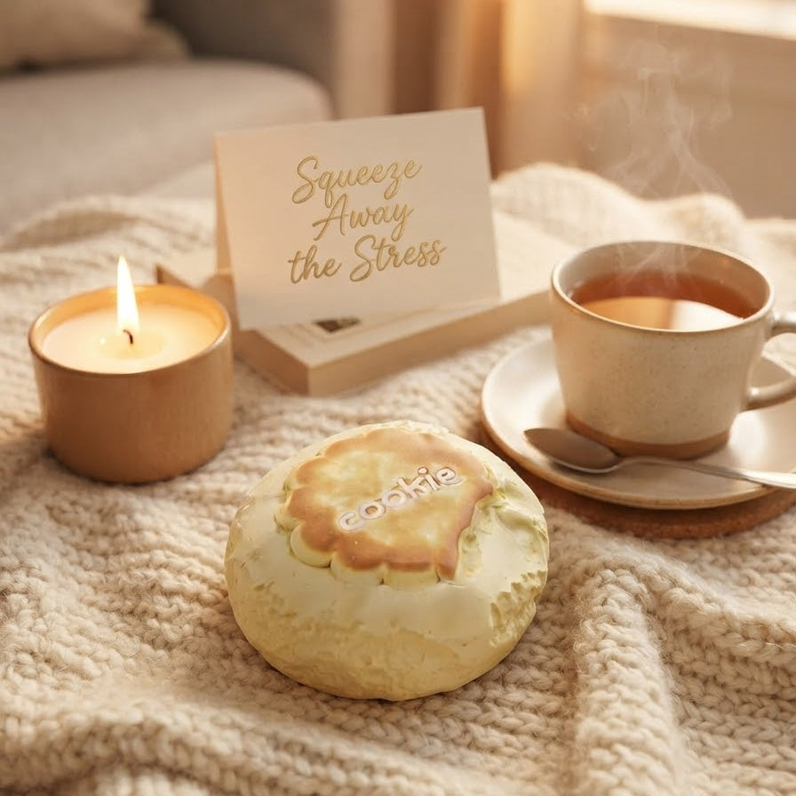 A cozy lifestyle scene featuring a round, textured cream-colored cookie with a decorative gold icing design in the center. Surrounding it are a lit candle in a gold holder, a small sign reading 'Squeeze Away the Stress', and a steaming cup of tea on a saucer, all arranged on a chunky knit beige blanket.