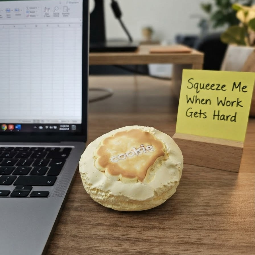 A novelty squishy toy shaped like a cookie sits on a wooden desk next to a laptop and a yellow sticky note that reads 'Squeeze Me When Work Gets Hard'.