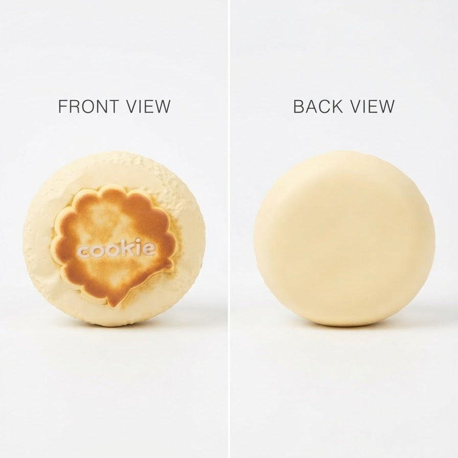 A round beige cookie shown in two views on a white background: front view on the left with a decorative embossed pattern and the word 'cookie' visible, and back view on the right showing a smooth side. Text labels 'FRONT VIEW' and 'BACK VIEW' appear above each view.