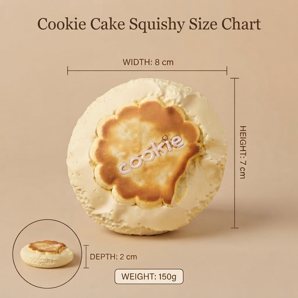 A product size chart for a cookie cake squishy toy, showing a round beige and brown baked-look cake toy with dimensions labeled: width 8 cm, height 7 cm, and depth 2 cm. The text also states weight 150g.