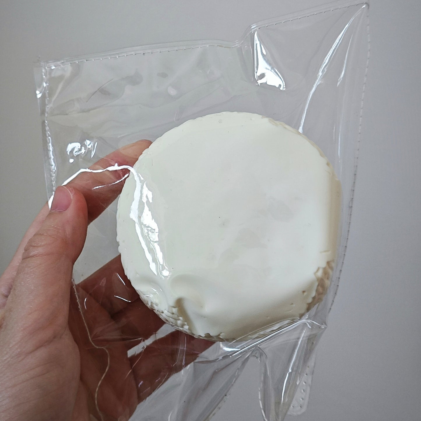 A hand holding a round, off-white textured item inside a clear plastic bag against a plain light gray background.