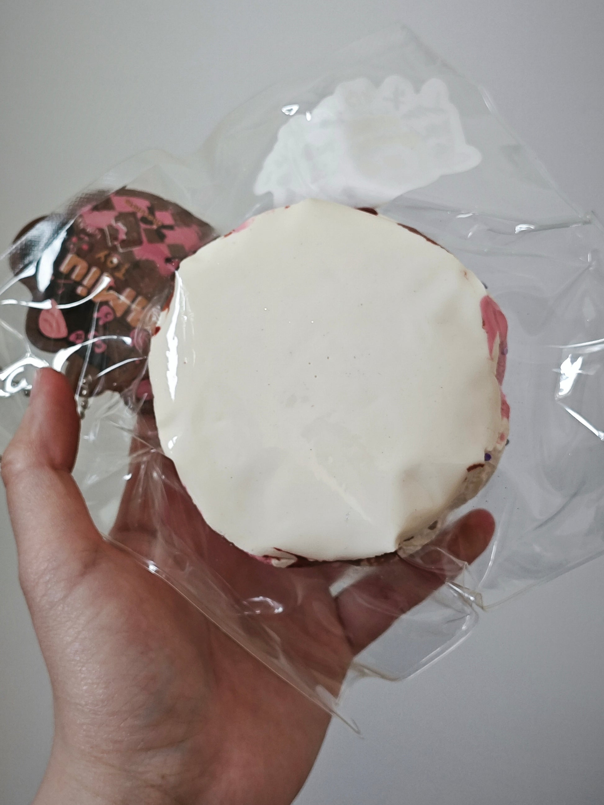 A hand holding a round, white-frosted pastry or dessert inside a clear plastic bag, with a second patterned pastry partially visible behind it.